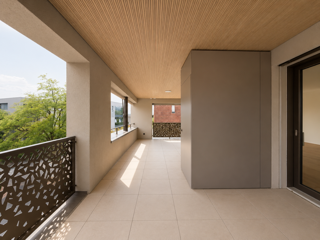 Überdachter Balkon mit Holzlamellendecke, hellem Plattenbelag und ornamentiertem Metallgeländer, Blick Richtung Bäume.