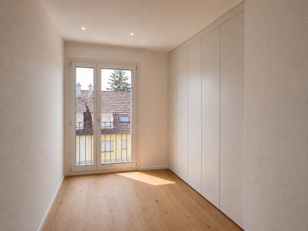 Helles Zimmer mit Parkettboden, raumhohem Einbauschrank und Balkontür mit Blick auf umliegende Dächer.