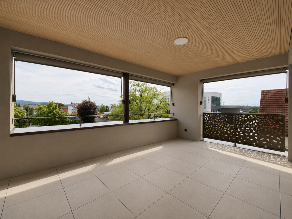 Überdachte Terrasse mit hellem Fliesenboden, Panoramafenstern und dekorativem Metallgeländer, Blick ins Grüne.