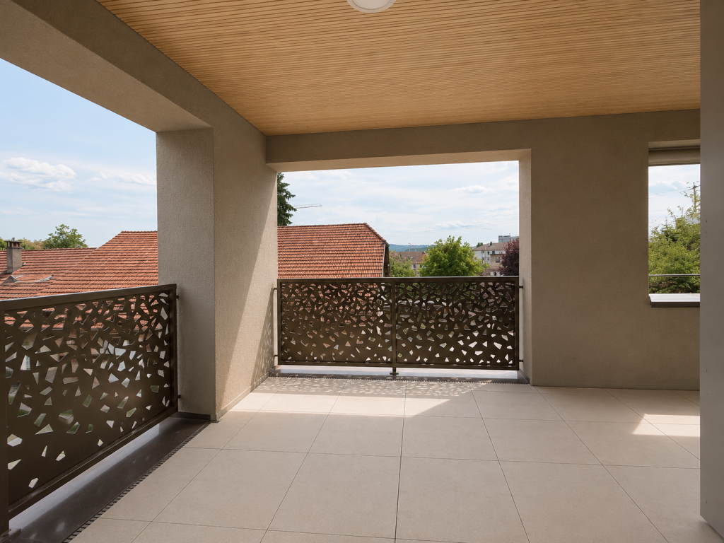 Überdachter Balkon mit Holzdecke, ornamentalem Metallgeländer und Blick auf umliegende Dächer und Bäume.